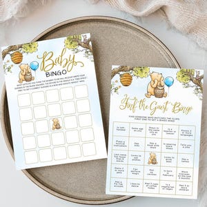 Jeux de bingo Winnie l'ourson bleu ballon ours modifiable Trouvez l'invité ourson baby shower Bundle Modèles de toile imprimables BWP