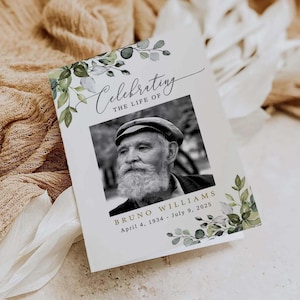 Sjabloon voor begrafenisprogramma Greenery Memorial-programma bewerkbare sjabloon voor herdenkingsdienst voor viering van het leven, afdrukbare canvassjabloon #FNRL