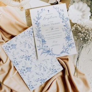 Convite de Batismo Floral Azul Convite de Batismo Flor Silvestre Batismo Convite Editável Vintage Botânico Canva Template #BV1