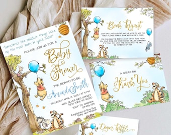 Editable Winnie the Pooh Baby Shower Invitation, Blue Balloon Invite, Canva Template