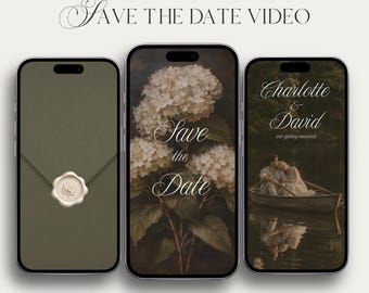 Könnte beinhalten: Drei Smartphones zeigen ein animiertes digitales Save the Date Video. Das erste zeigt einen grünen Umschlag mit Wachssiegel. Das zweite zeigt weiße Hortensien mit dem Text Save the Date. Das dritte zeigt ein Paar in einem Ruderboot.