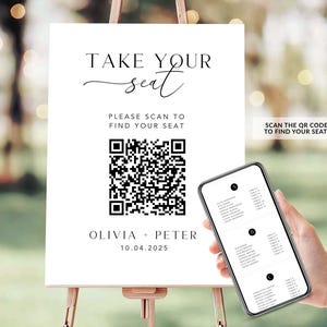 Seating Chart with QR Code Sign Template, Editable Wedding Alphabetical Guest Seating Website, Minimalist Find Your Seat Sign