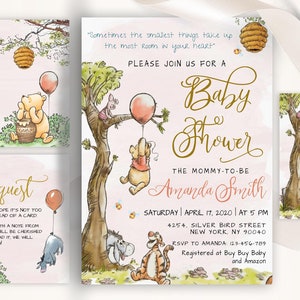 Uitnodiging babyshower Poeh, bewerkbare bedankkaart, luierloterij, boekverzoek, winnie-the-shower #RWP