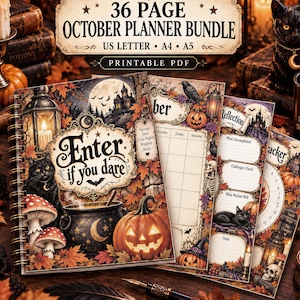 Op de afbeelding: Een 36-pagina tellende oktoberplanner-bundel in printbaar PDF-formaat, beschikbaar in US Letter, A4 en A5-formaten. De omslag toont een zwarte kat, een ketel, een pompoen en herfstbladeren met de tekst Enter if you dare en October Planner Bundle.