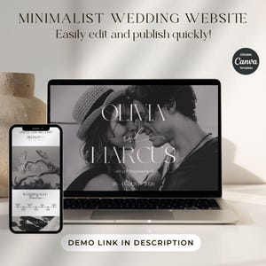 May include: A laptop and smartphone showcase a minimalist wedding website design. The laptop screen displays a monochrome photo of a couple with the names "Olivia and Marcus" and the date "18. August 2026". The smartphone shows a wedding timeline.