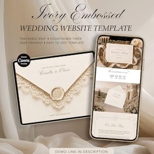 Plantilla web de boda con relieve color marfil, invitación de boda en sobre, confirmación de asistencia con seguimiento, plantilla editable de Canva.