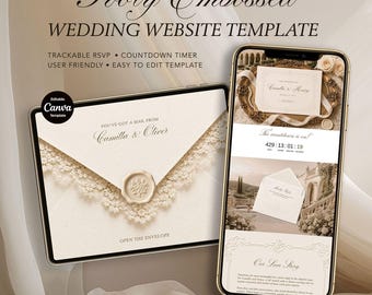Wedding Website Template, Ivory Embossed Envelope Reveal, Monogram, Trackable RSVP, Countdown Timer, Canva Invitation