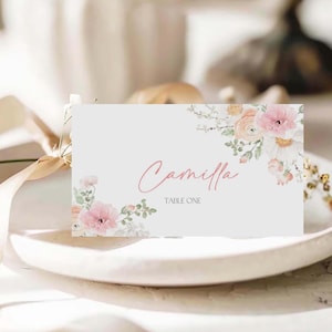 Cartões de lugar florais, casamento, aniversário, chá de bebê, tenda e jantar plano, etiqueta de nome, etiqueta de comida, etiqueta de nome, rosa, editável, imprimível, modelo Canva BDP