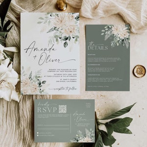 Ensemble de modèles d'invitations de mariage vert sauge avec code QR Rsvp Bundle d'invitations florales Suite d'invitations modifiable, modèles Canva #SGreen