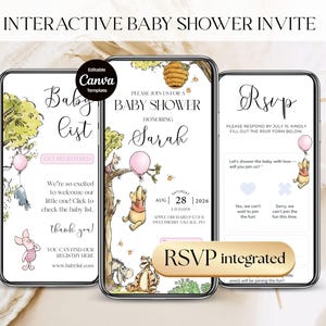 May include: Interactive baby shower invite template on three smartphones. The design features Winnie the Pooh characters, pink balloons, and the text "Baby Shower" and "RSVP". The invite includes the date, time, and location.