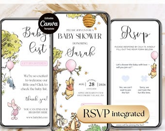 Winnie Baby Shower Invitation Girl Invite with Trackable RSVP Page, Winnie the Pooh Balloon Bear Digital Web Invitation, Canva Template