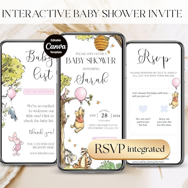 Winnie Baby Shower Invitation Girl Invite with Trackable RSVP Page, Winnie the Pooh Balloon Bear Digital Web Invitation, Canva Template