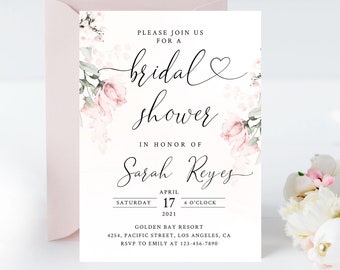 Blush Pink Floral Bridal Shower Invitation: Editable Template (YOU PRINT)