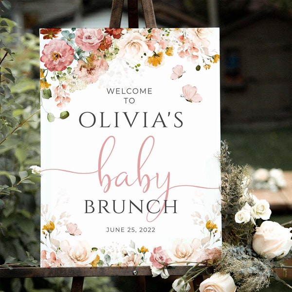 Baby Brunch Welcome Sign, Garden Flower, Editable Baby Shower Sign, Baby Shower Sign, Templett #GF