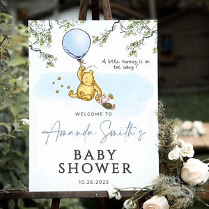 Classic Blue Winnie The Pooh Baby Shower Welcome Sign, Classic Winnie The Pooh Baby Shower Decorations, Baby  Welcome Sign,  #CW-BB