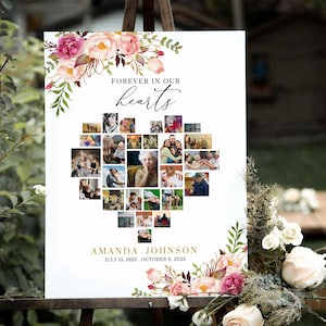 Plantilla de collage de corazón funerario, collage de fotos de funeral de rosas para mujer, celebración de la vida, póster conmemorativo con amor, n.° FNRL