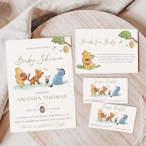 Winnie de Pooh babyshower uitnodiging klassieke Winnie de Pooh 100 hectare houten luier loterij boeken voor baby bewerkbare afdrukbare canvassjabloon
