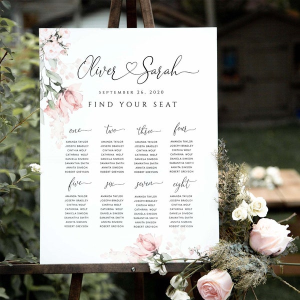 ROSA - Wedding Seating Chart Template, Heart & Swashes, Printable Seating Plan, 100% Editable, Modern Calligraphy Wedding Sign, Minimalist