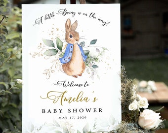 Peter Rabbit Baby Shower Welcome Sign, Editable Baby Shower Sign, Peter Rabbit Decorations, Greenery Baby Sign, Greenery Baby Shower  #PR