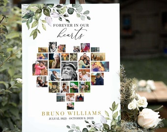 Funeral Heart Photo Collage Template: Greenery Memorial Poster (CANVA)