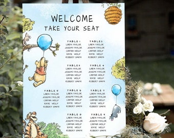 Cartello con mappa dei posti a sedere di Winnie the Pooh: decorazioni classiche per feste (modello modificabile)