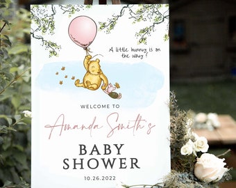 Winnie The Pooh Baby Shower Welcome Sign: Pink Balloon (DIY Template)