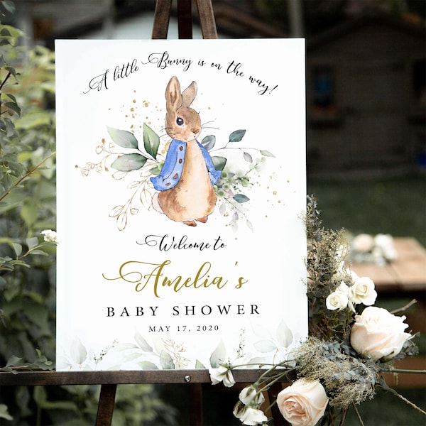 Panneau de bienvenue Peter Rabbit Baby Shower, panneau modifiable pour baby shower, décorations Peter Rabbit, verdure pour bébé, verdure pour baby shower #PR