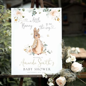 Cartello di benvenuto per baby shower di genere neutro Peter Rabbit, cartello modificabile per baby shower, decorazioni Peter Rabbit, cartello di genere coniglio, #PR