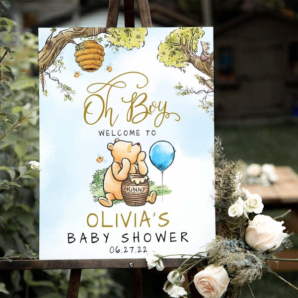 Signo de bienvenida del baby shower de Winnie The Pooh, decoraciones clásicas del baby shower de Winnie The Pooh, signo de bienvenida de Oh Boy, archivo digital Templett, #BWP