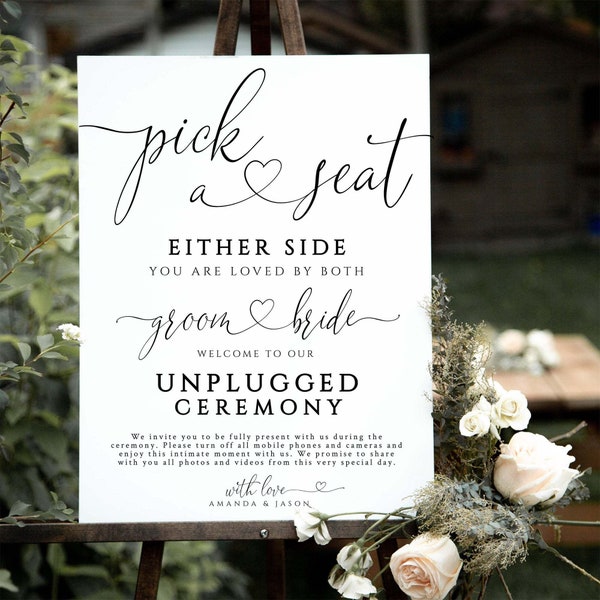AMORA - Pick a Seat Unplugged Wedding Ceremony Sign, No Pictures, No Photos Please, Wedding Welcome Sign Template 100% Editable Minimal Sign