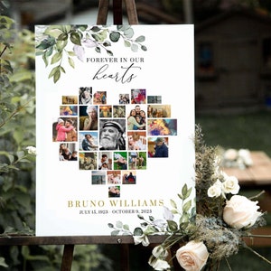 Plantilla de collage de fotos de funeral con corazón verde, póster de collage de fotos de funeral, celebración de la vida, póster conmemorativo amoroso, n.° FNRL