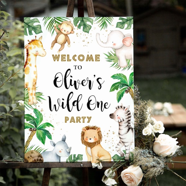 Wild One Safari Welcome Sign, Wild One First Birthday Welcome sign,  Safari Animals Welcome Sign, Editable Sign • Editable Templett #WLDB