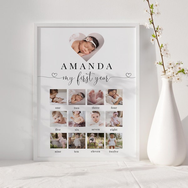 Baby's First Year Poster Template, Editable Template, 1st Birthday, First Year Print, 1st Year Photo Collage Months, Milestone Photo Sign