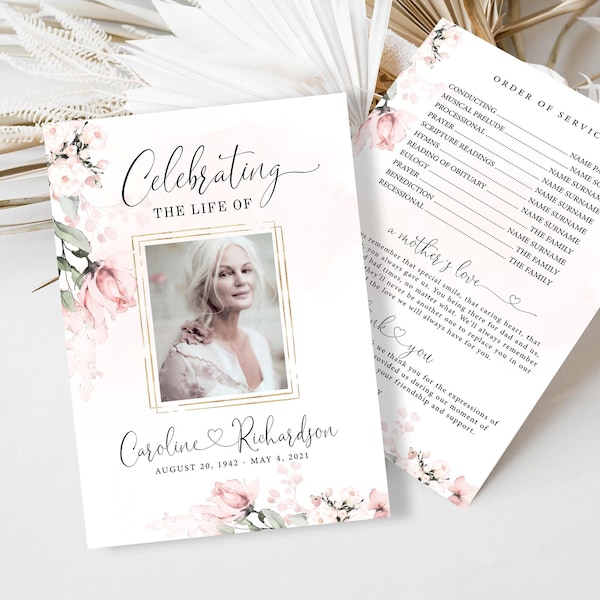 Double Sided Funeral Program Template, Floral Memorial Program, Blush Floral  Template, Celebration of Life, Printable Funeral Program #FNRL