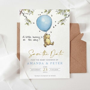 Klassische Winnie the Pooh Save The Date Karte, blaue Ballon-Winnie The Pooh-Einladung, bearbeitbares Templett, #CB1