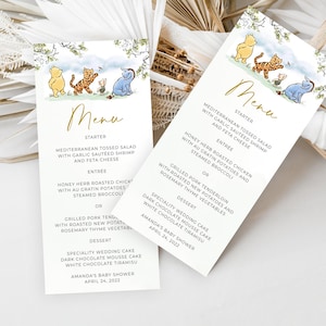 Carte de menu classique de Winnie l'ourson, modèle de carte de menu d'anniversaire, carte de menu de baby shower, un peu de gourmandise pour le ventre, carte de nourriture, #CWG