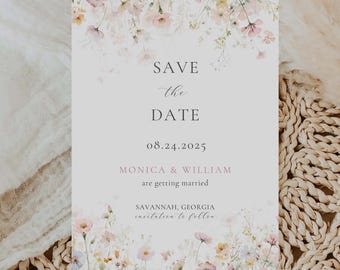 Mall för spara datumet med vildblomma: Redigerbar blommig bröllopsinbjudan (Canva, digital eller utskrivbar 5x7) FL1