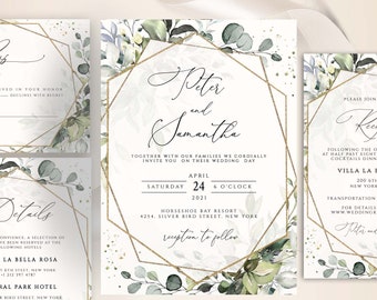 CHLOE - Geometric Wedding Invitation , Boho Wedding Greenery Template, Wedding Invitation, Eucalyptus Templett Invitation , Faux Gold Invite