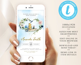 Baby Shower Evite, Classic Winnie the Pooh Baby Shower Evite Invitation, Electronic Invitation, Editable Templett , #HWTP