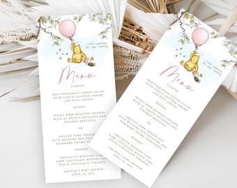 Classic Winnie The Pooh Menu Card , Pink Birthday Menu Card Template, Baby Shower Menu Card, A Little Yummy For Your Tummy, Food Card, #CWTP