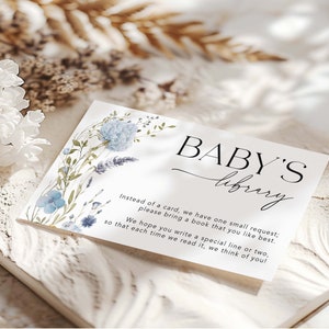 Livres de fleurs sauvages pour carte de bébé, bibliothèque de bébé, baby shower floral bleu modifiable, encart de demande de livre de fleurs de jardin bleu, templett, #BWFL