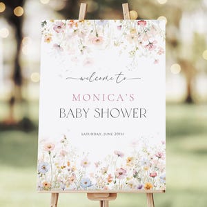 Cartello di benvenuto per baby shower con fiori di campo, poster floreale rosa modificabile, cartello di benvenuto con fiori da giardino, modello Canva stampabile WFL