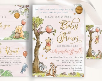 Classic Winnie the Pooh Baby Shower Invitation,  Editable Thank You Card, Diaper Raffle, Book Request,  Editable Templett , Blush, #RWP