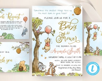 Classic Winnie the Pooh Baby Shower Invitation,  Editable Thank You Card, Diaper Raffle, Book Request,  Editable Templett , #RWP