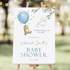 Letrero de bienvenida de Winnie The Pooh, clásico, para baby shower, globo azul, editable, imprimible, para cualquier evento, archivo digital Canva #CB1