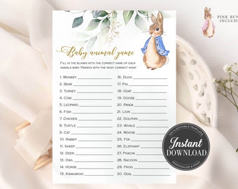 Peter Rabbit Baby Shower Game, Baby Animal Game,  Baby Shower Game, Editable Template, Greenery, Editable Baby Game, Templett #PR