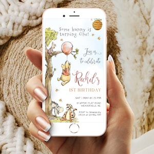 Invito digitale per il compleanno di Winnie the Pooh, invito elettronico per il primo compleanno di Winnie the Pooh per cellulare, modello Canva modificabile per il primo compleanno RWP