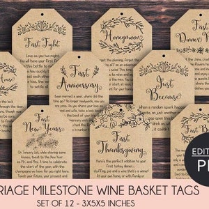 EDITABLE Marriage Milestone Wine Basket Tags A year of first Wine Gift Basket Tags Bridal Shower Gift Wedding Gift Wine Labels image 1