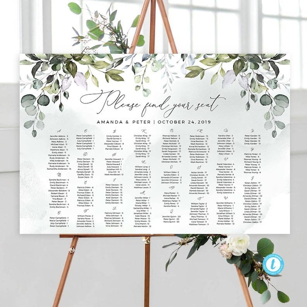 Greenery Alphabetical Seating Chart Template Wedding Editable #GR1