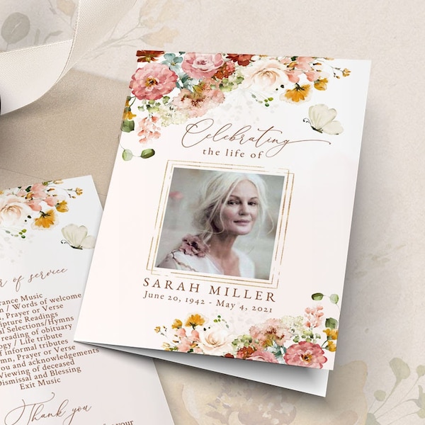 Funeral Program Template, Garden Flower, Floral Memorial Program, Editable Memorial Service Template, Celebration of Life Funeral #FNRL